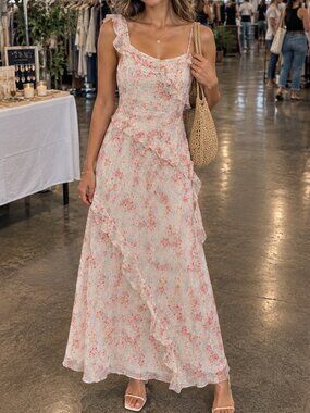 NWOT Storia Floral Maxi Dress Cream Pink Blue Ruffle Asymmetric Strap M